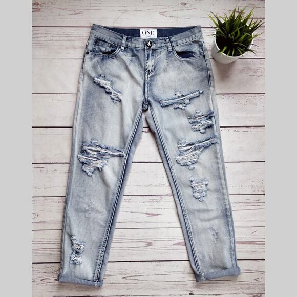 ONE TEASPOON Awesome Baggies Straight Boyfriend Jeans 26 Light Blue Distressed - Picture 2 of 8